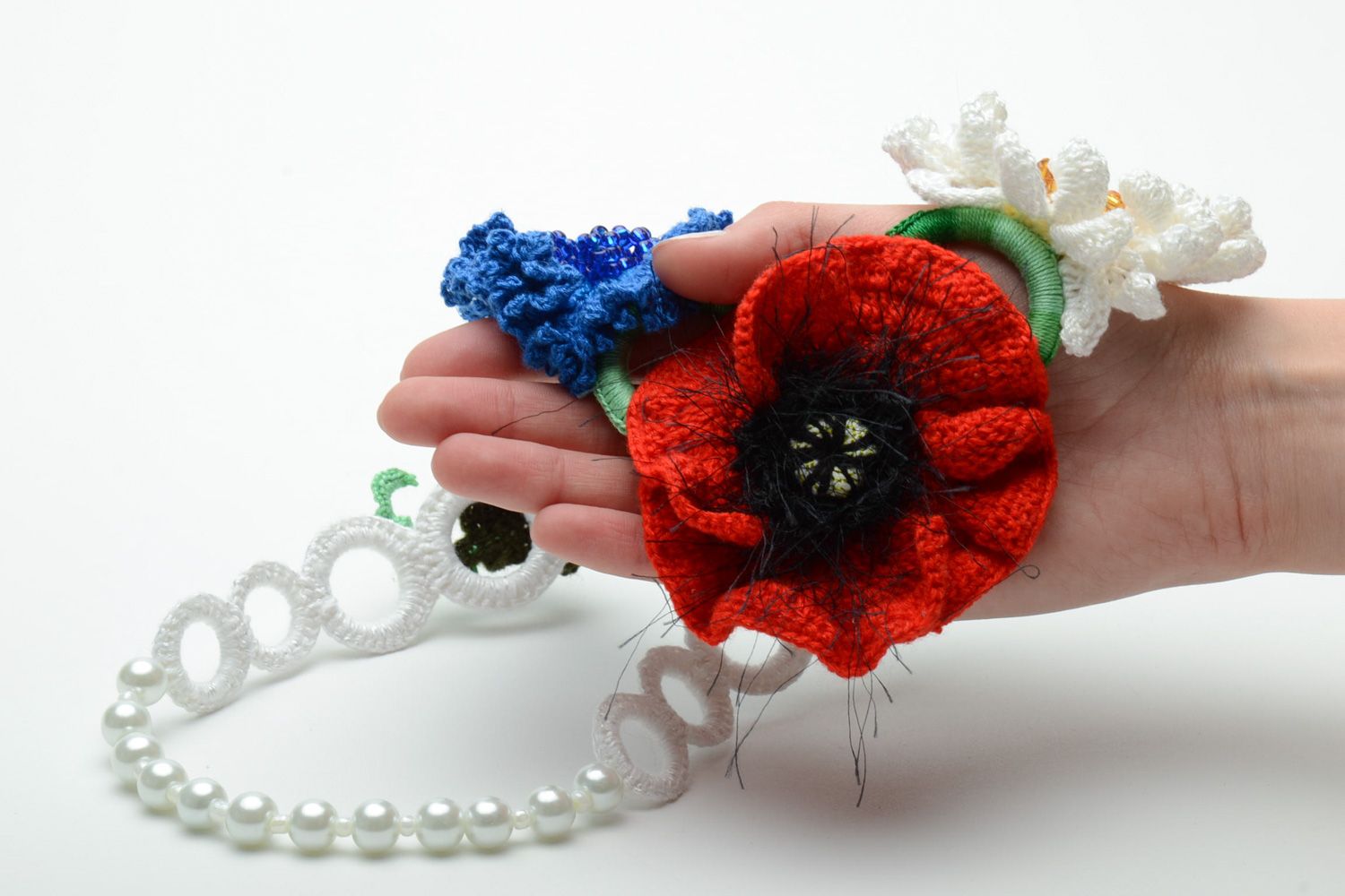 Homemade crochet textile flower necklace photo 4