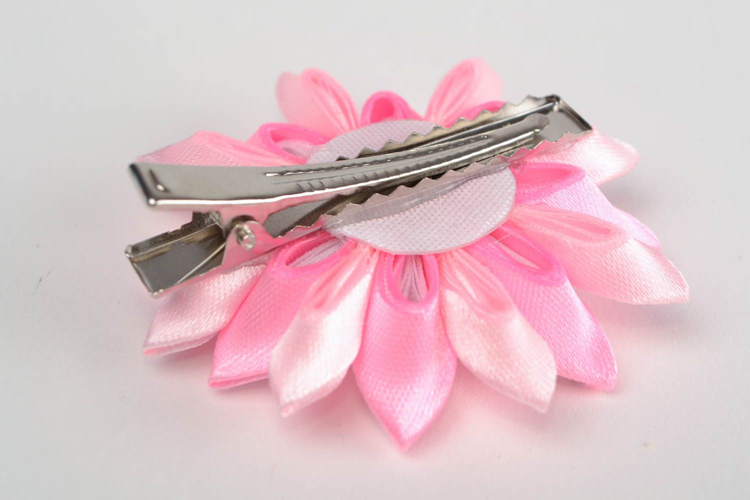 Pink and white handmade designer children's satin ribbon flower hair clip photo 5