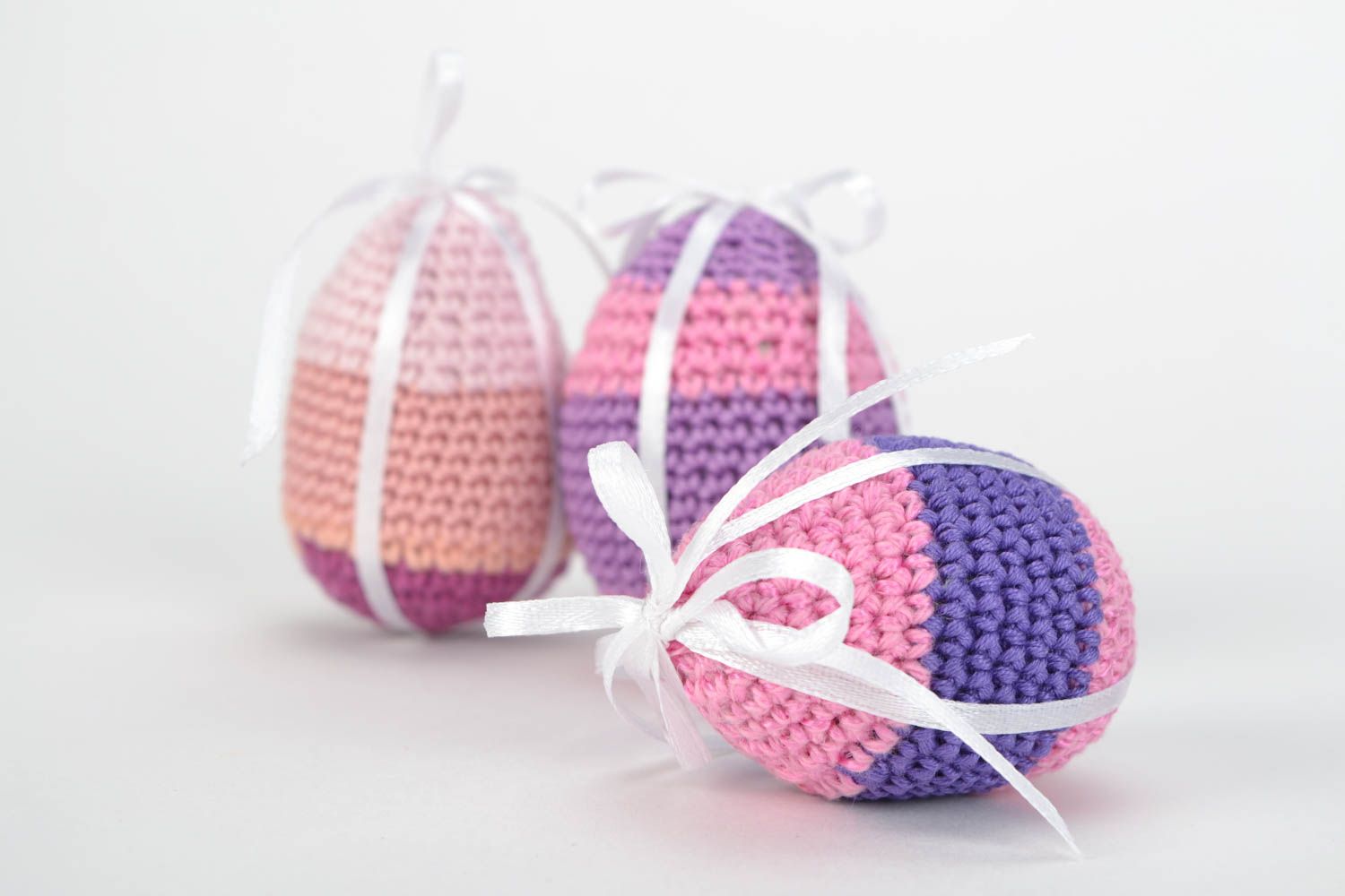 Set of handmade soft Easter eggs crocheted of cotton and wool 3 pieces photo 5