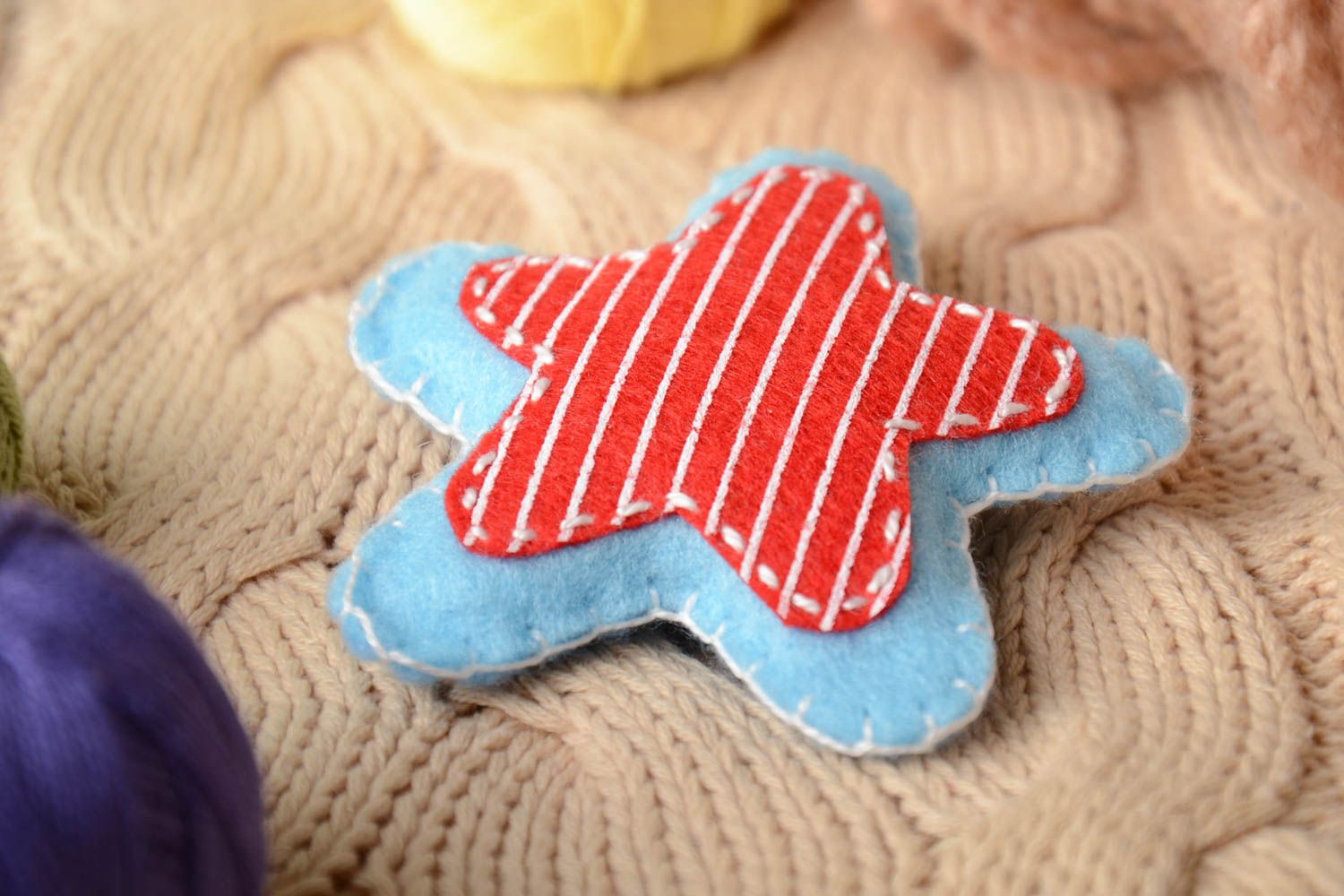 Handmade small blue and red felt soft toy star for children and interior decor photo 1
