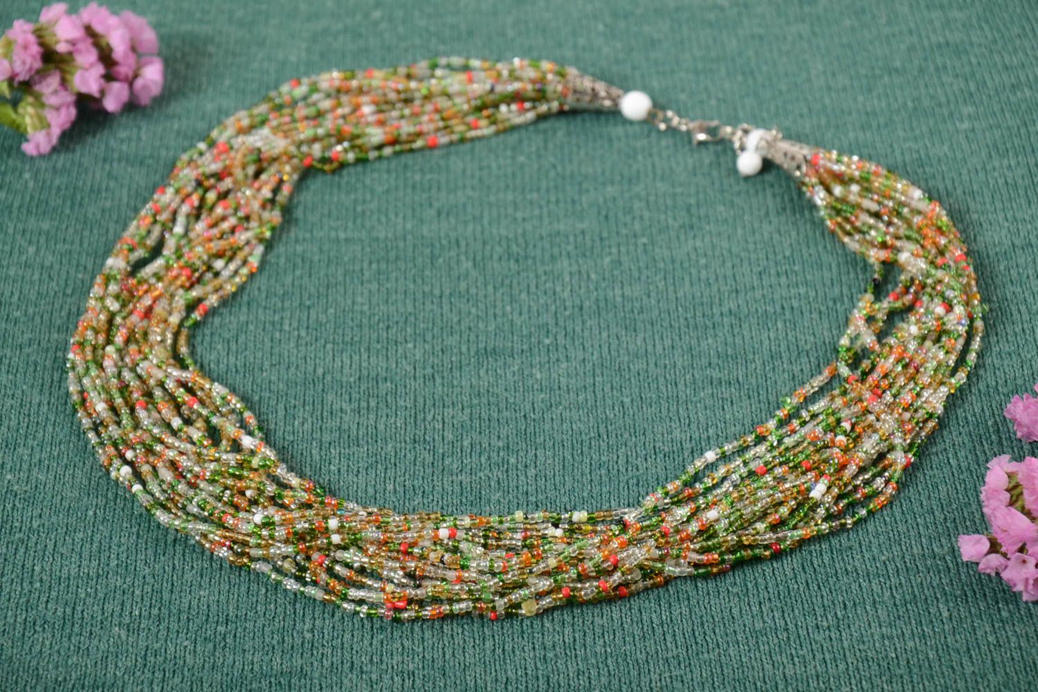Ожерелье из чешского бисера многорядное авторское цветное ручной работы фото 1