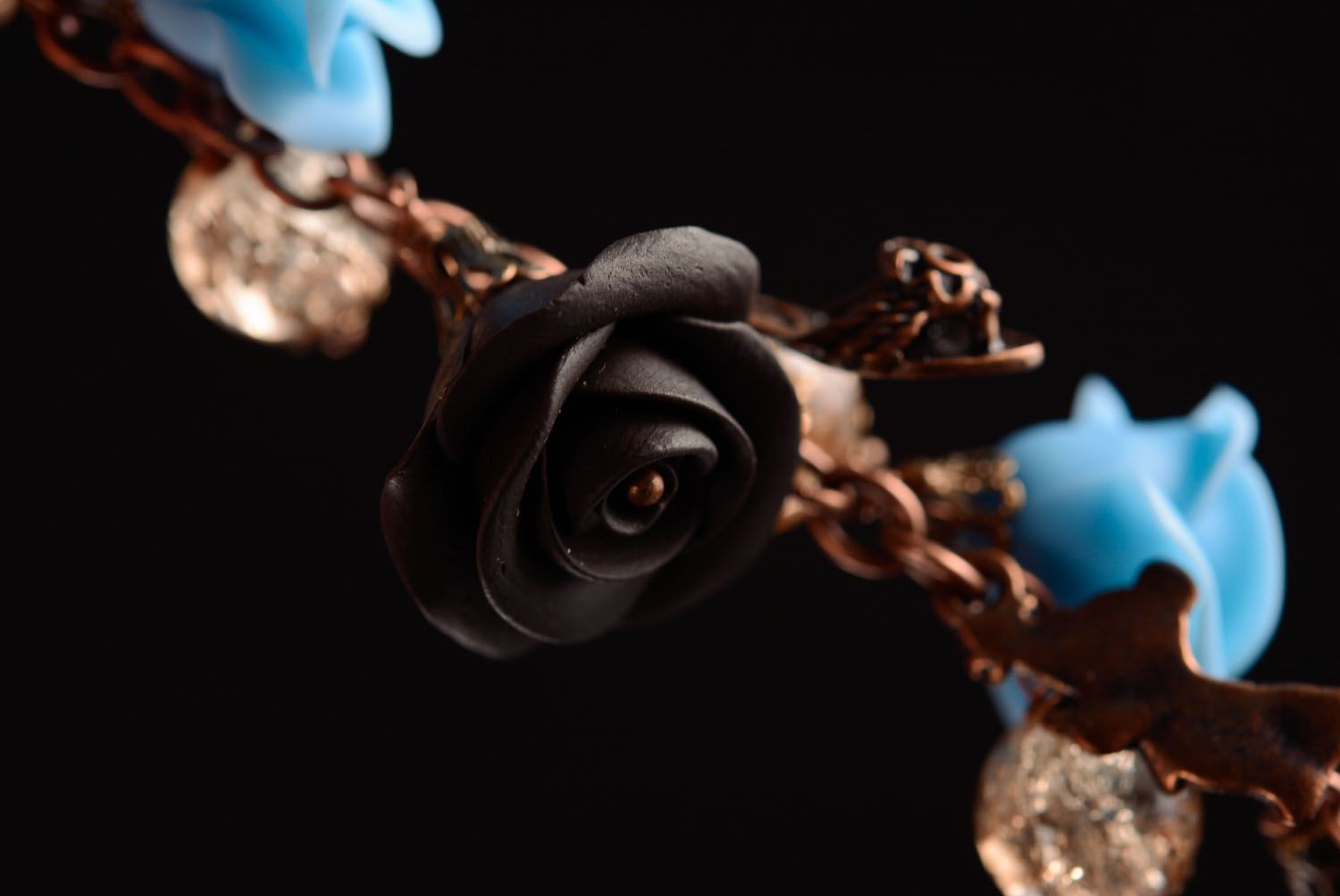 Charm brown and turquoise roses bracelet with transparent glass balls photo 4