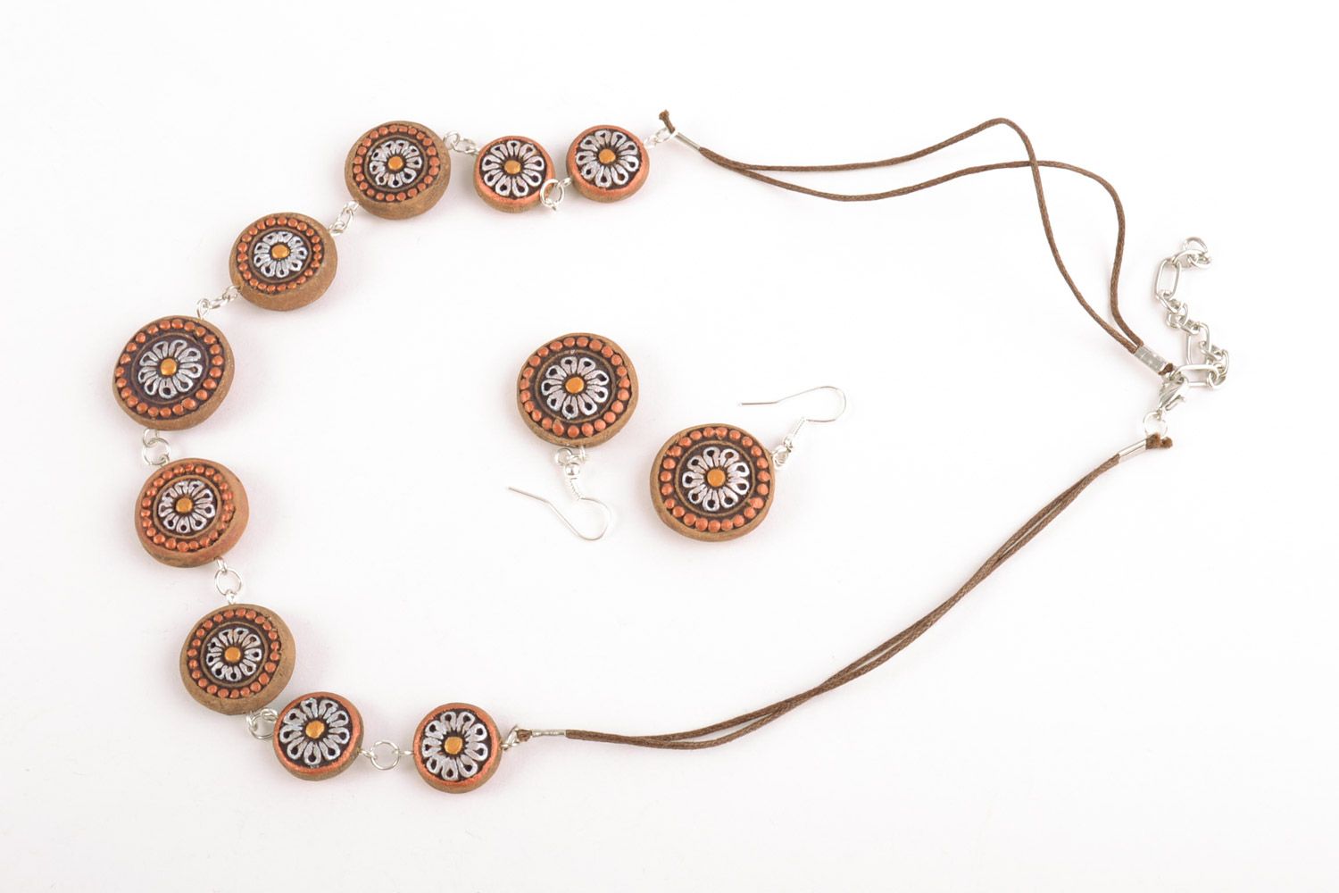 Set of handmade ceramic ethnic jewelry set 2 items bead necklace and earrings photo 3