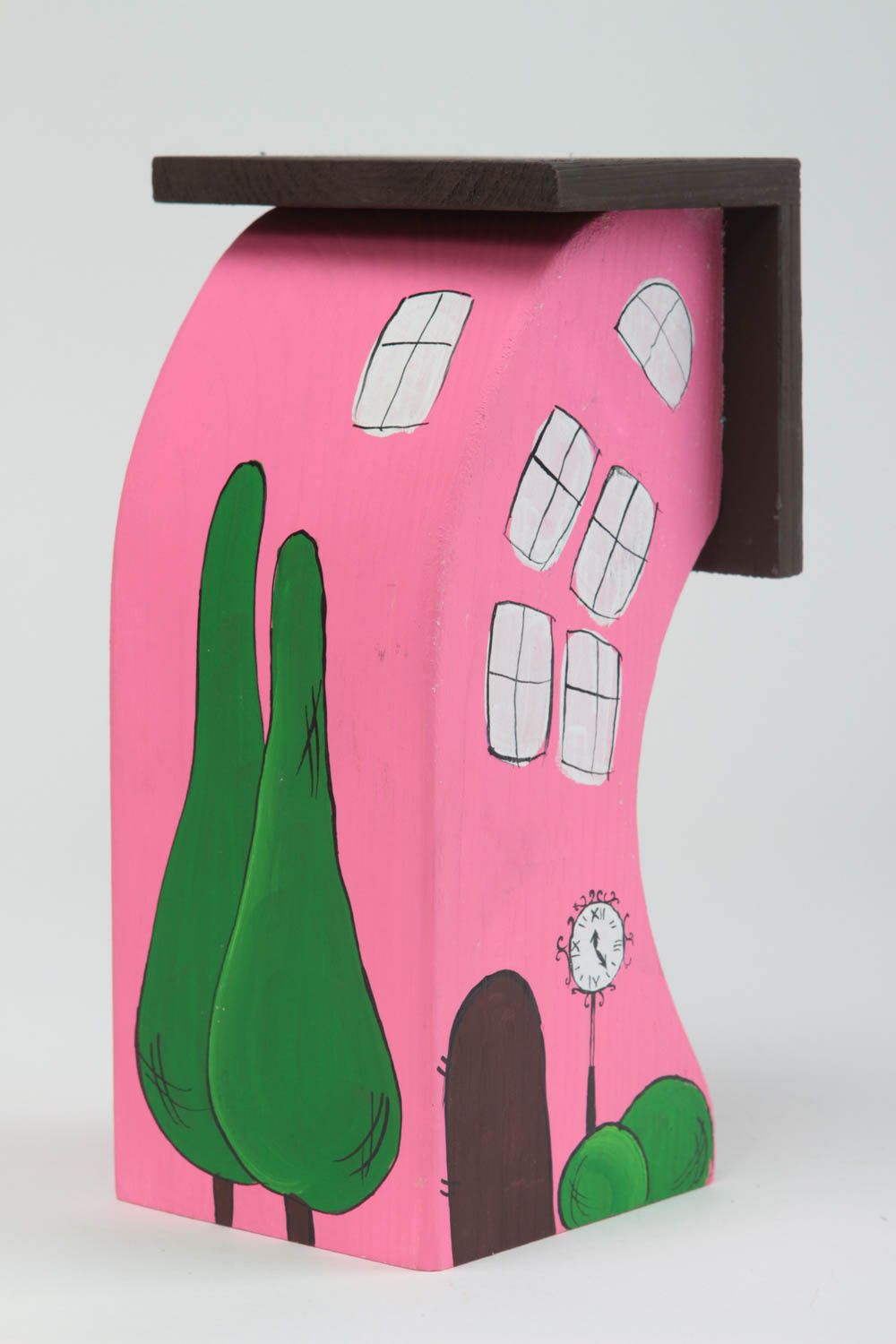 Figurine maison Statuette en bois faite main peinte rose Décoration d'intérieur photo 2