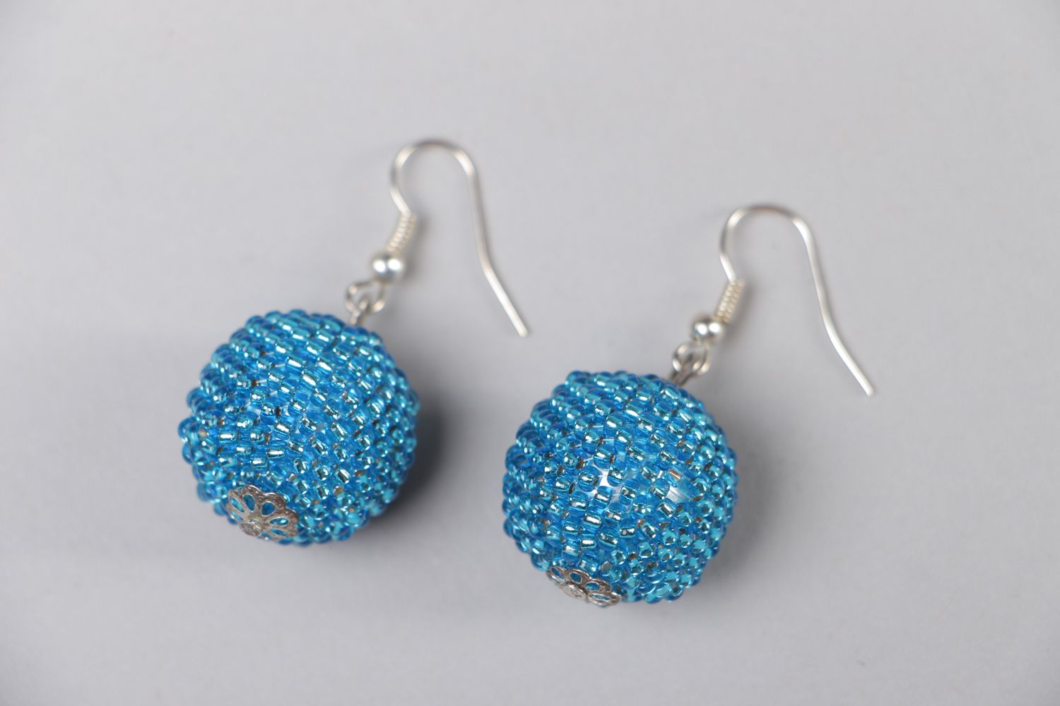 Blue beaded ball earrings photo 1