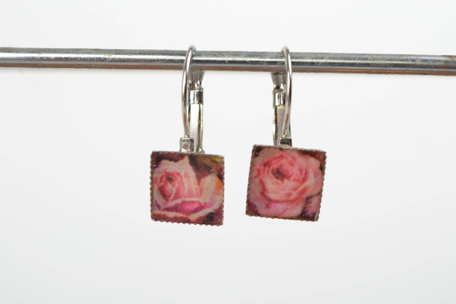 Pendientes originales decoupage artesanales con resina de joyería Rosas foto 2