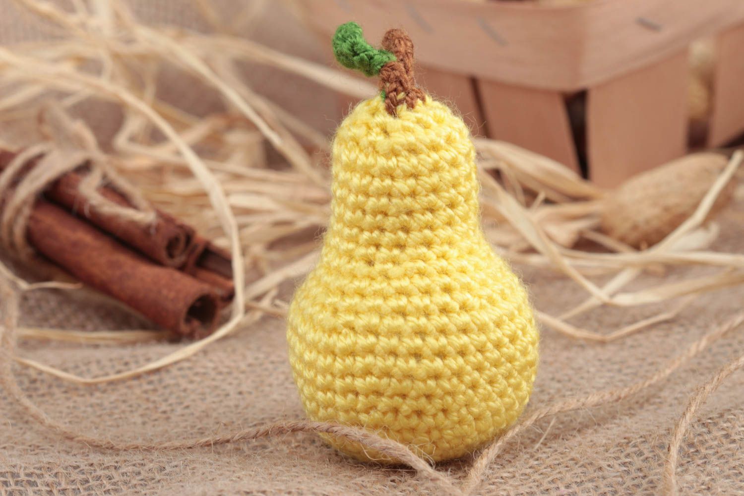 Handmade soft toy pear crocheted of acrylic threads for kids and interior decor photo 1