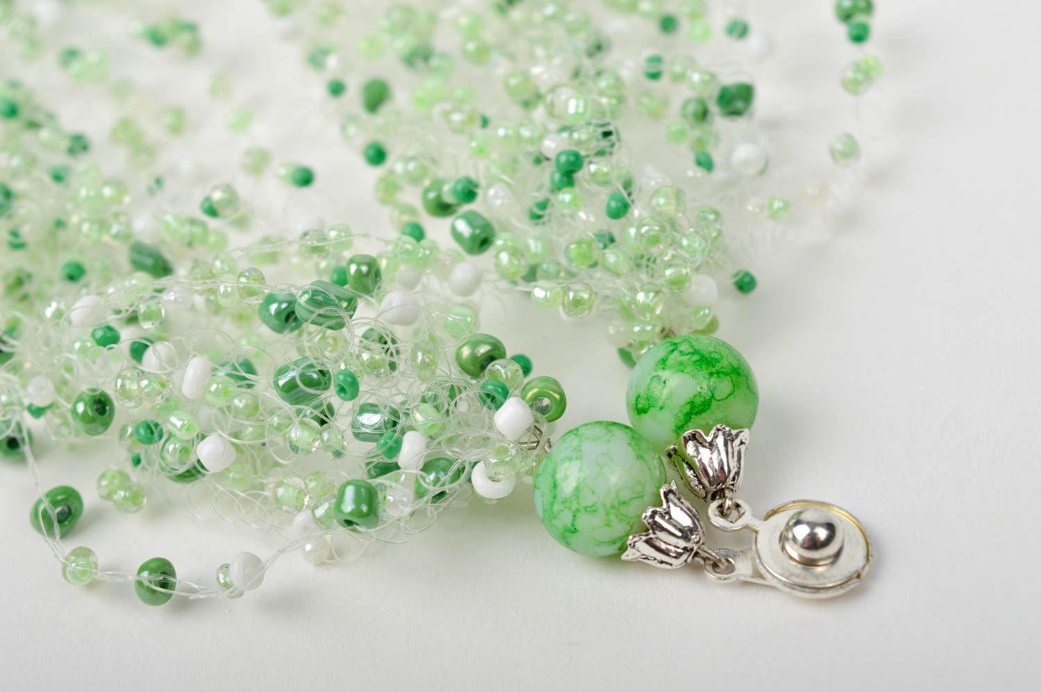Handmade beaded necklace airy necklace white beaded necklace green necklace  photo 4