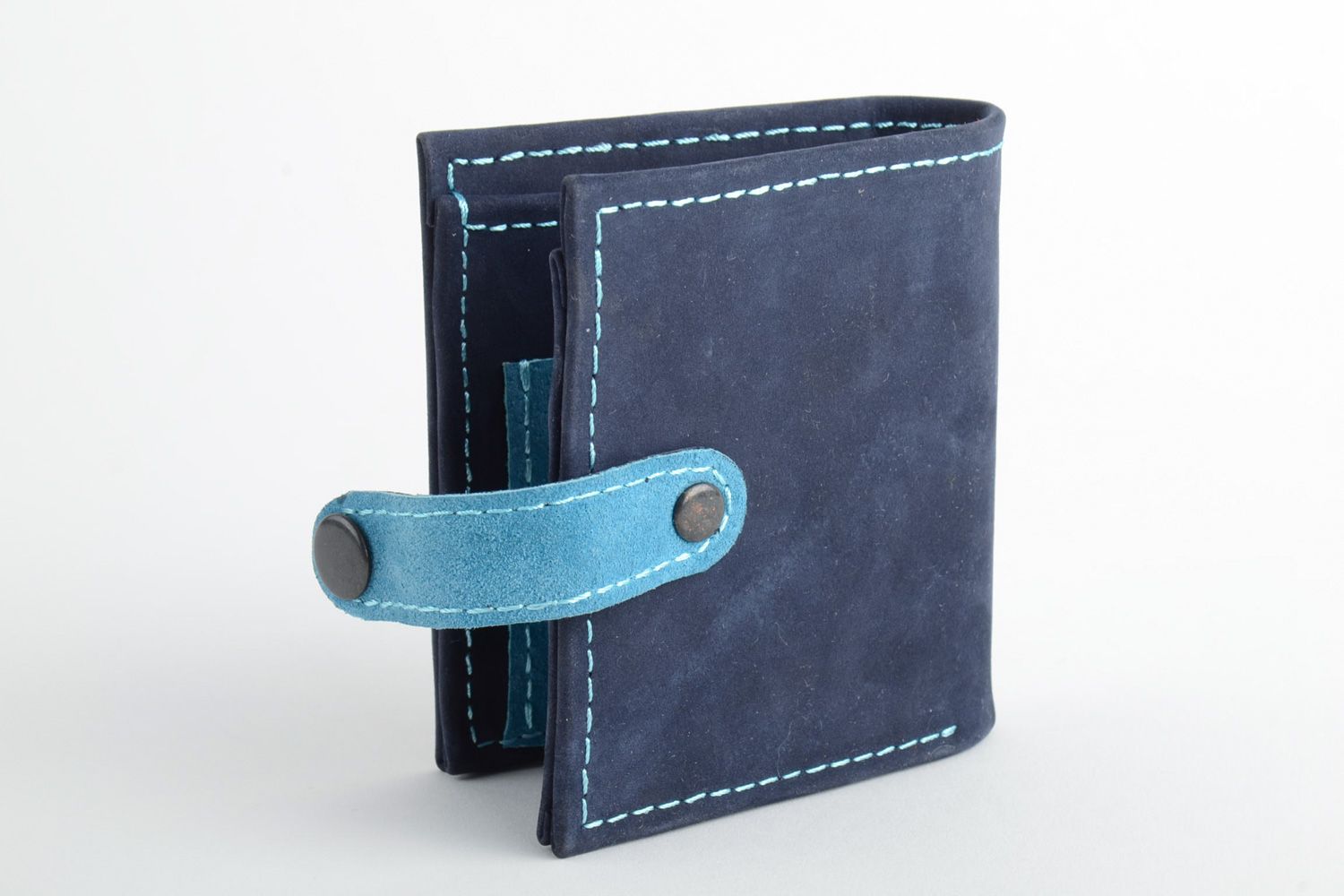 Handgemachte Brieftasche aus Leder für Damen blau mit Applikation dekoriert nett foto 3