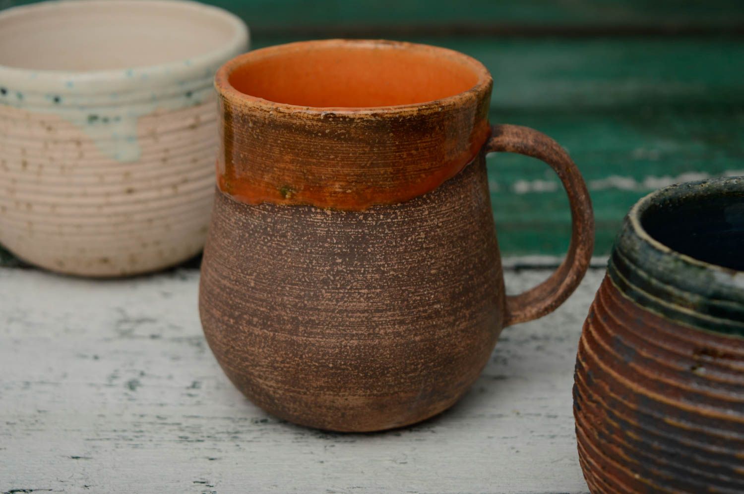 10 oz handmade rustic style design light brown and orange color clay cup with handle, glazed inside photo 1