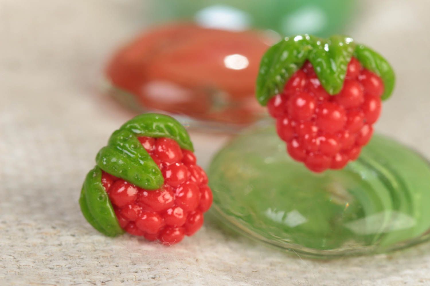 Handmade designer bright polymer clay stud earrings in the shape of raspberry photo 1