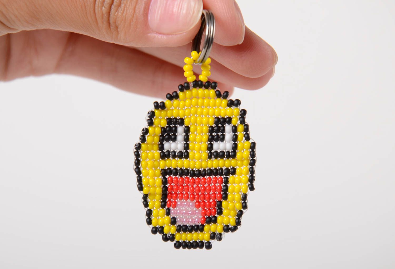 Joli porte-clés smiley tressé en perles de rocaille fait main jaune accessoire photo 2
