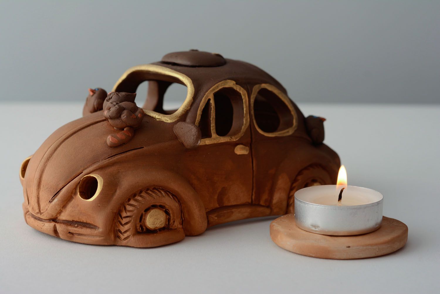 Ceramic candle holder Retro Car and Cat photo 1