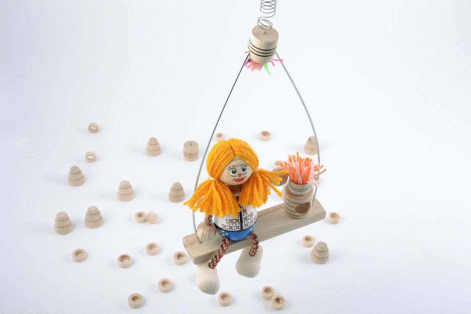 Handmade wooden decorative eco-friendly toy girl on the swing nice present for baby  photo 2