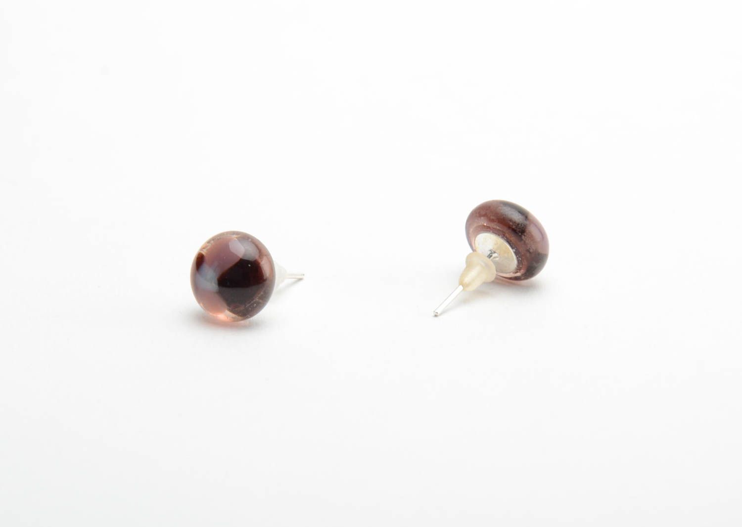 Round-shaped earrings small stylish brown unusual handmade summer accessory photo 3
