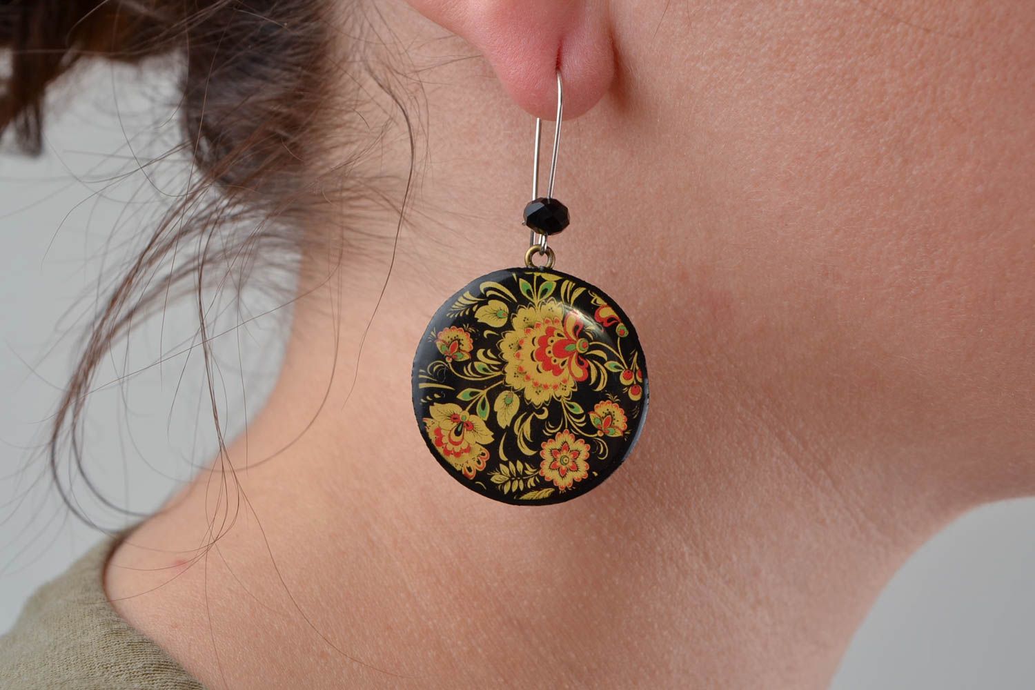 Black and yellow handmade designer polymer clay earrings with decoupage photo 2