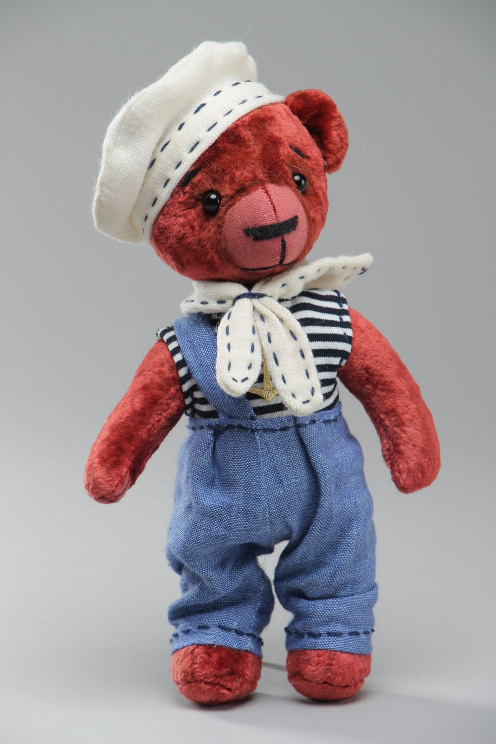 Handmade soft toy red plush bear in marine suit for children and interior decor photo 2
