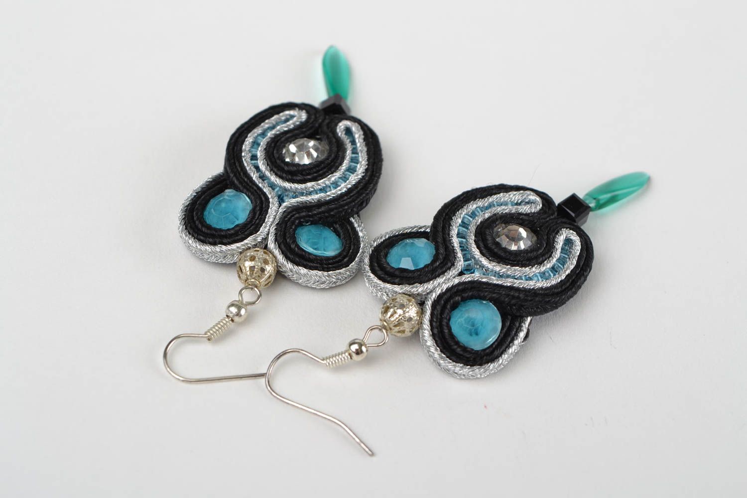 Unusual beautiful handmade designer soutache earrings with Czech crystal beads photo 4