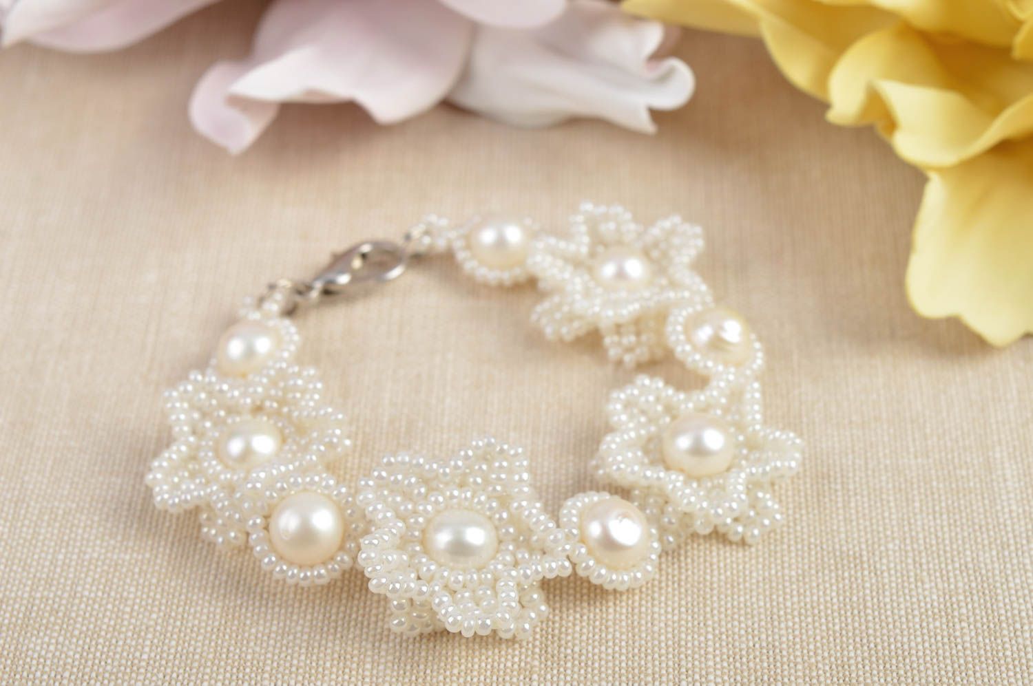 Seed beaded wedding bracelet with pearls unique designer accessory for bride photo 1