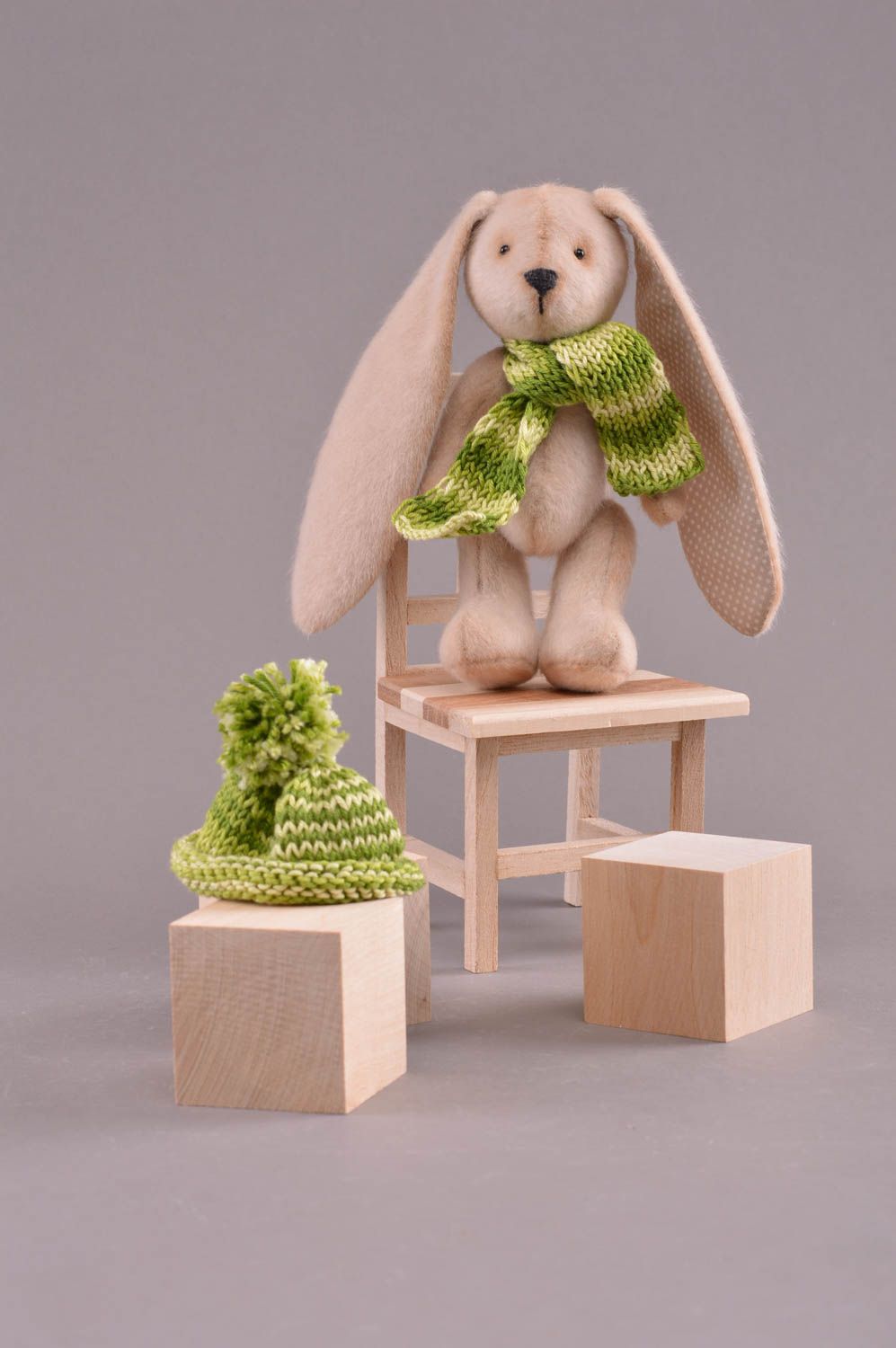 Faux fur rabbit with knitted hat and scarf handmade toy present for children photo 2