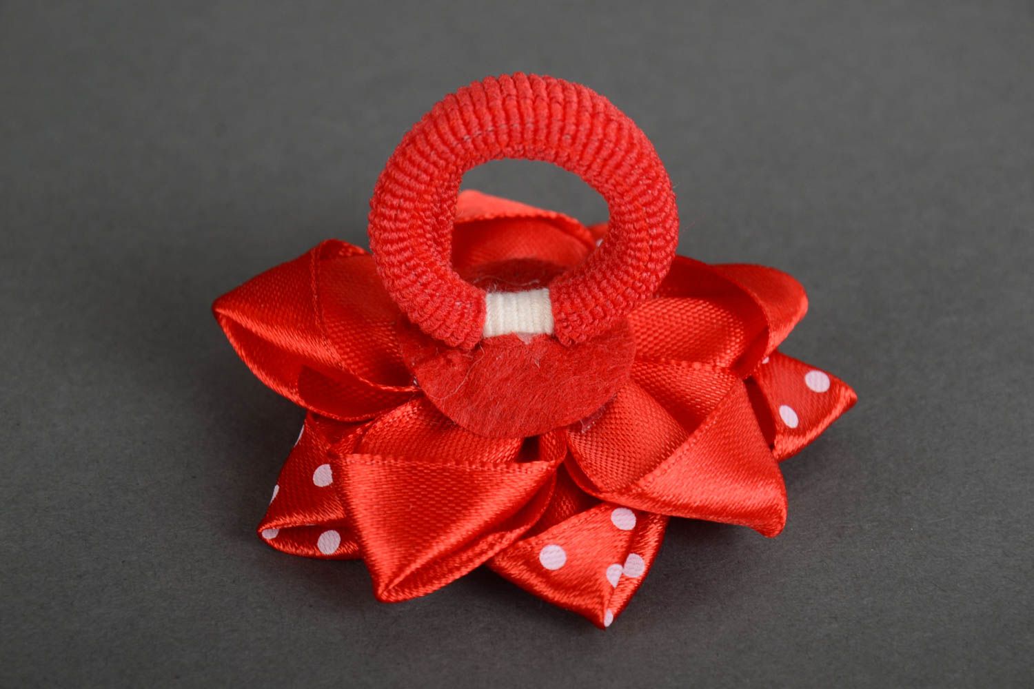 Handmade hair band with satin ribbon red kanzashi flower with cabochon photo 2