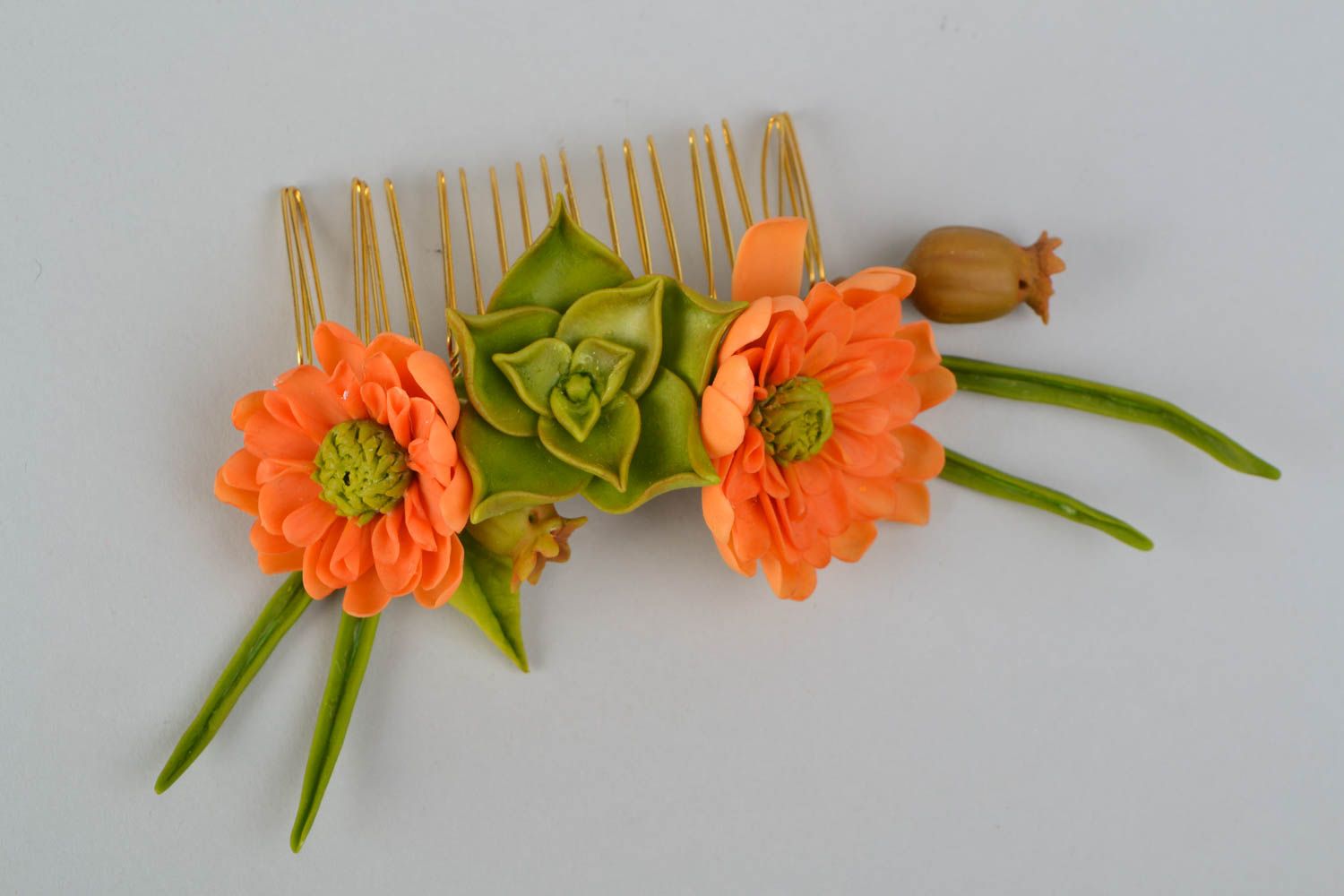 Self-hardening clay hair comb Orange Bouquet photo 4