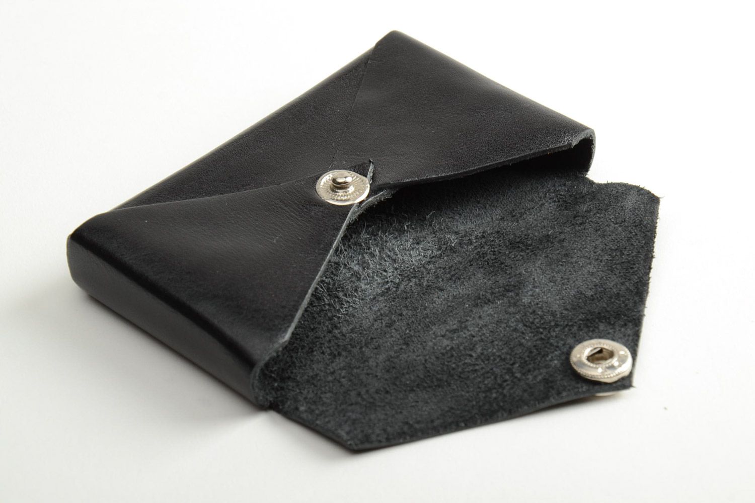 Handmade designer business cards holder sewn of black genuine leather for men photo 4