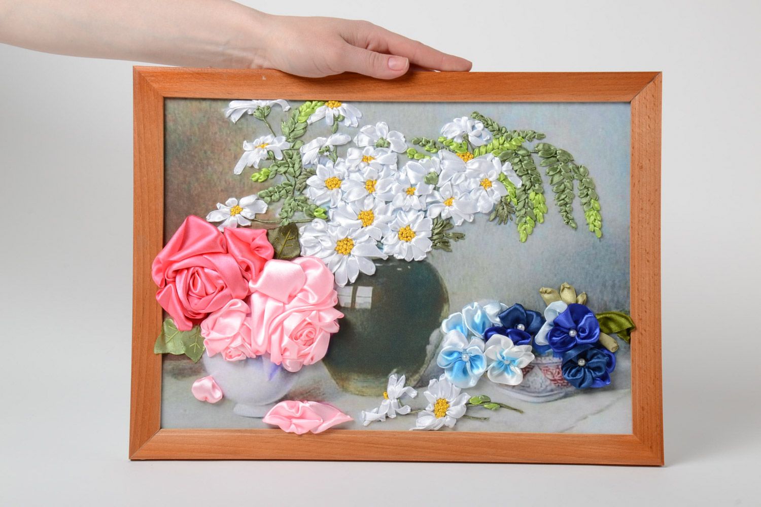 Beautiful homemade picture embroidered with ribbons on print cardboard basis photo 5