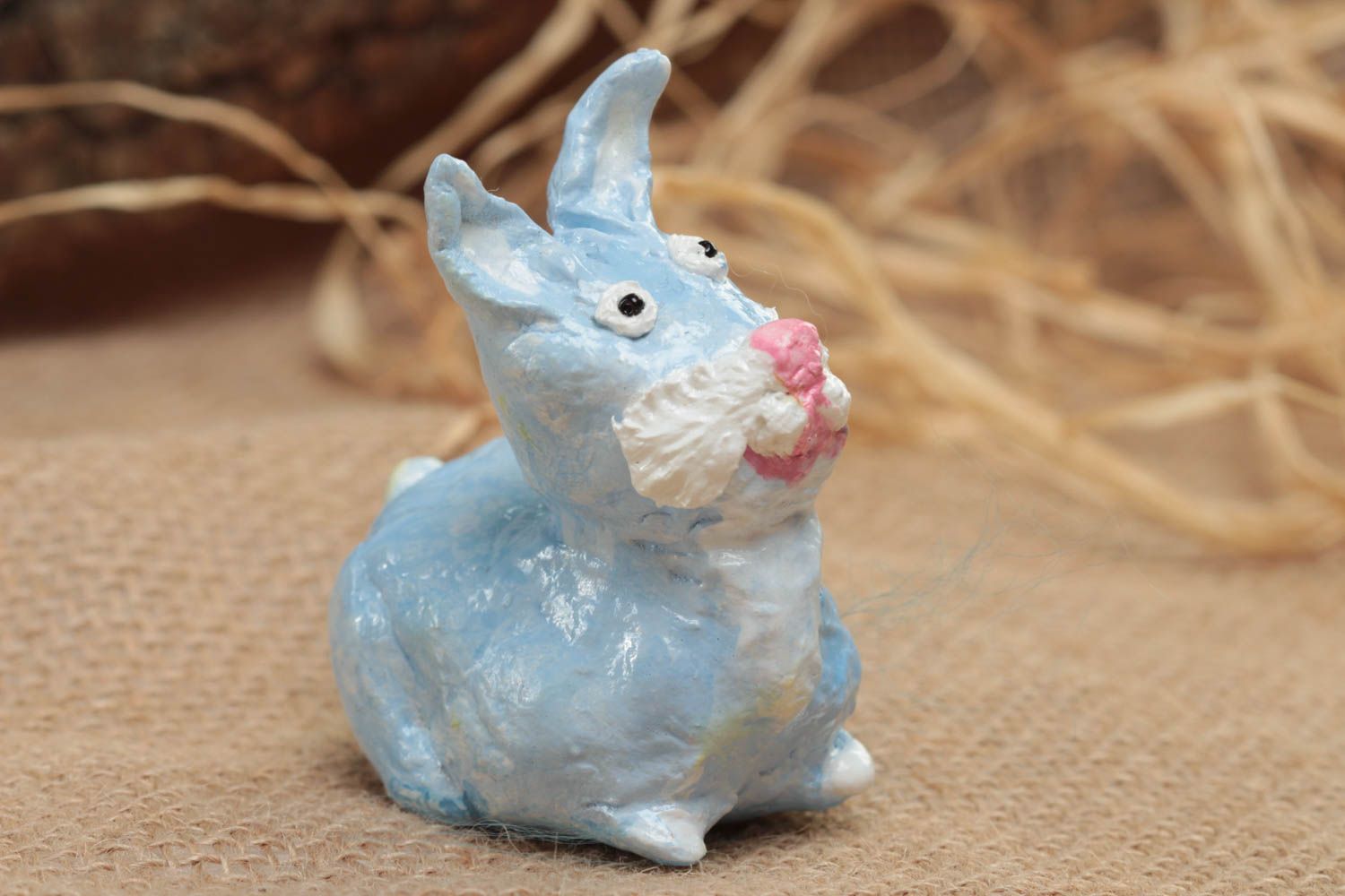 Figurine décorative fait main Statuette lapin bleu pâte polymère Cadeau original photo 1
