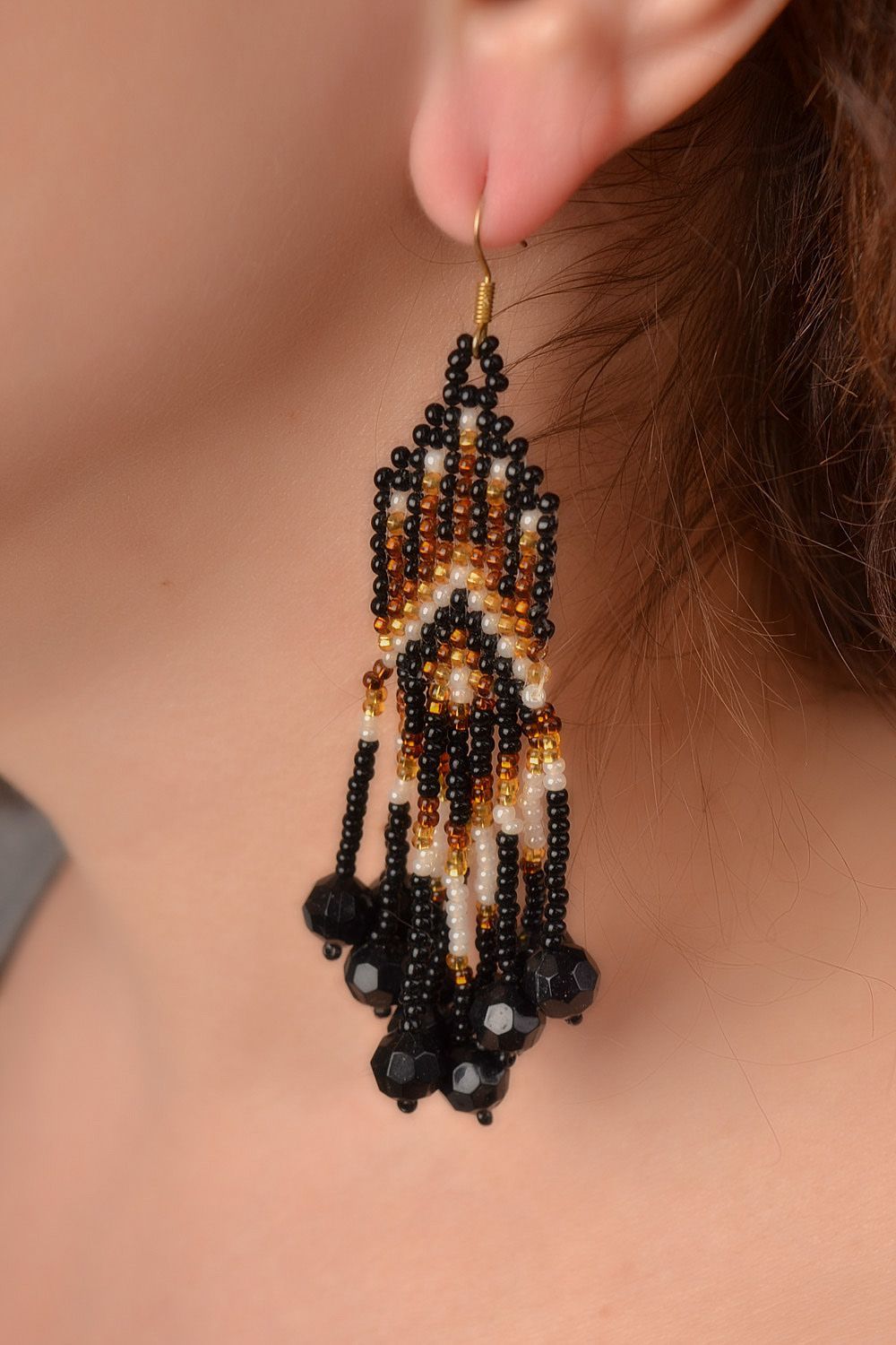 Handmade beaded evening earrings with fringe and crystal beads for long dress photo 2
