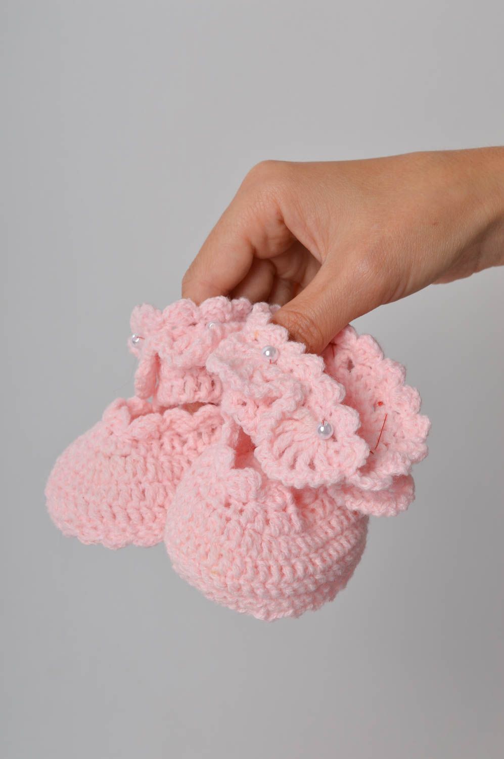 Розовые вязаные пинетки для новорожденных handmade вязаные носки пинетки крючком фото 5