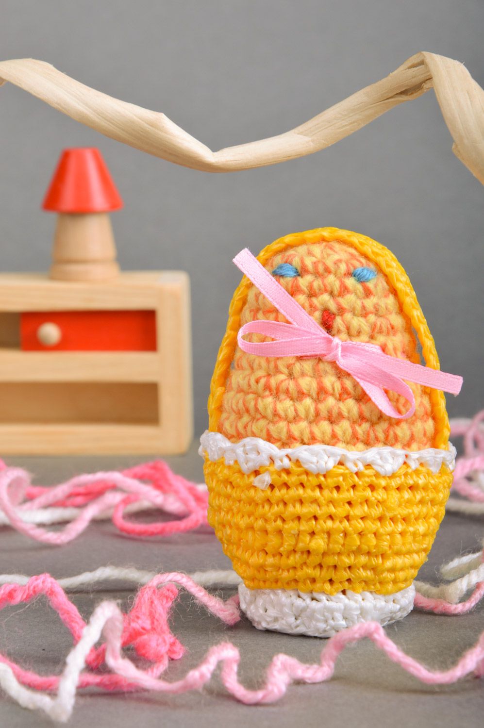 Handmade Easter decoration yellow crochet chicken with bow in basket  photo 1