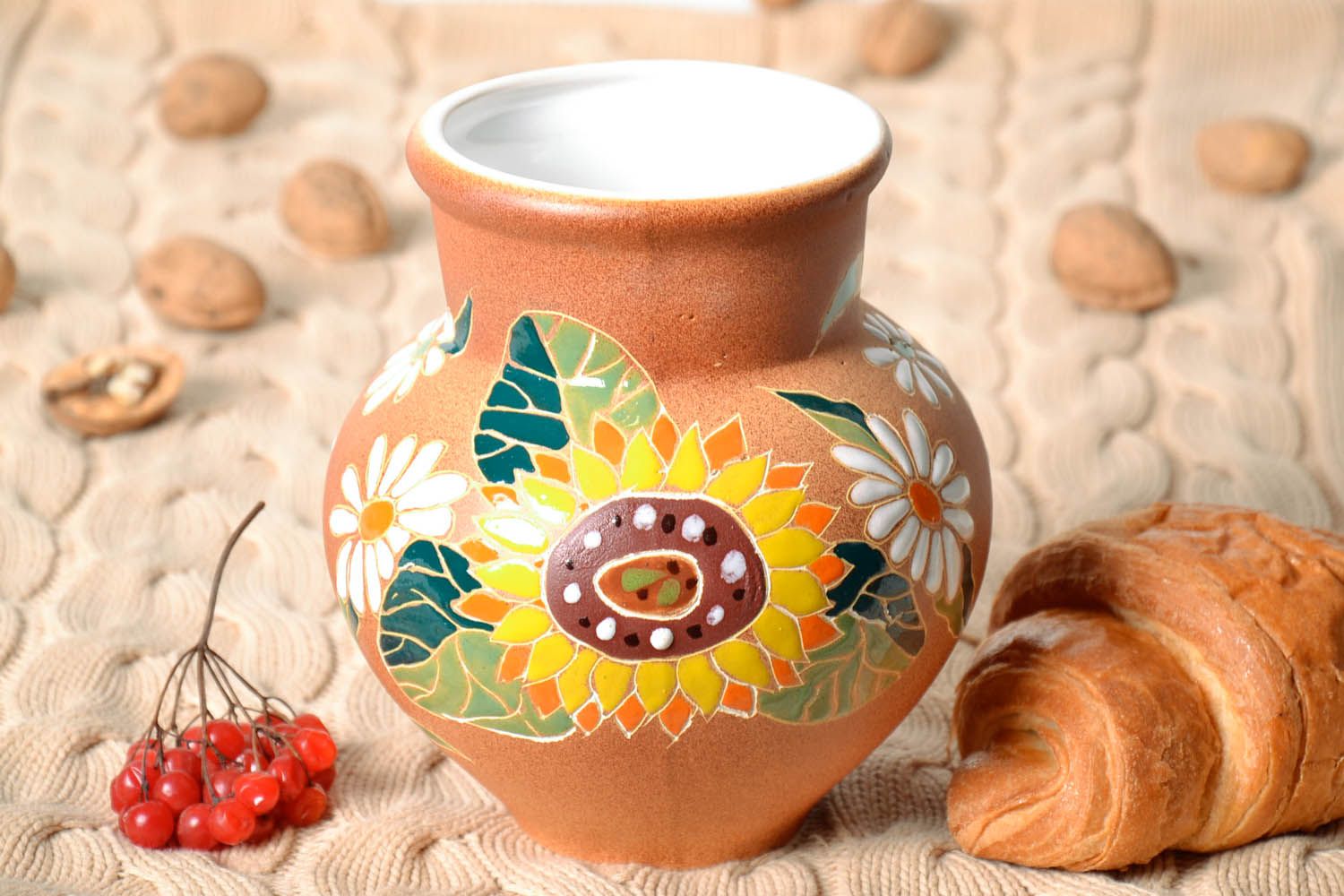 Handmade ceramic milk jug with sunflower painting 2 lb photo 1