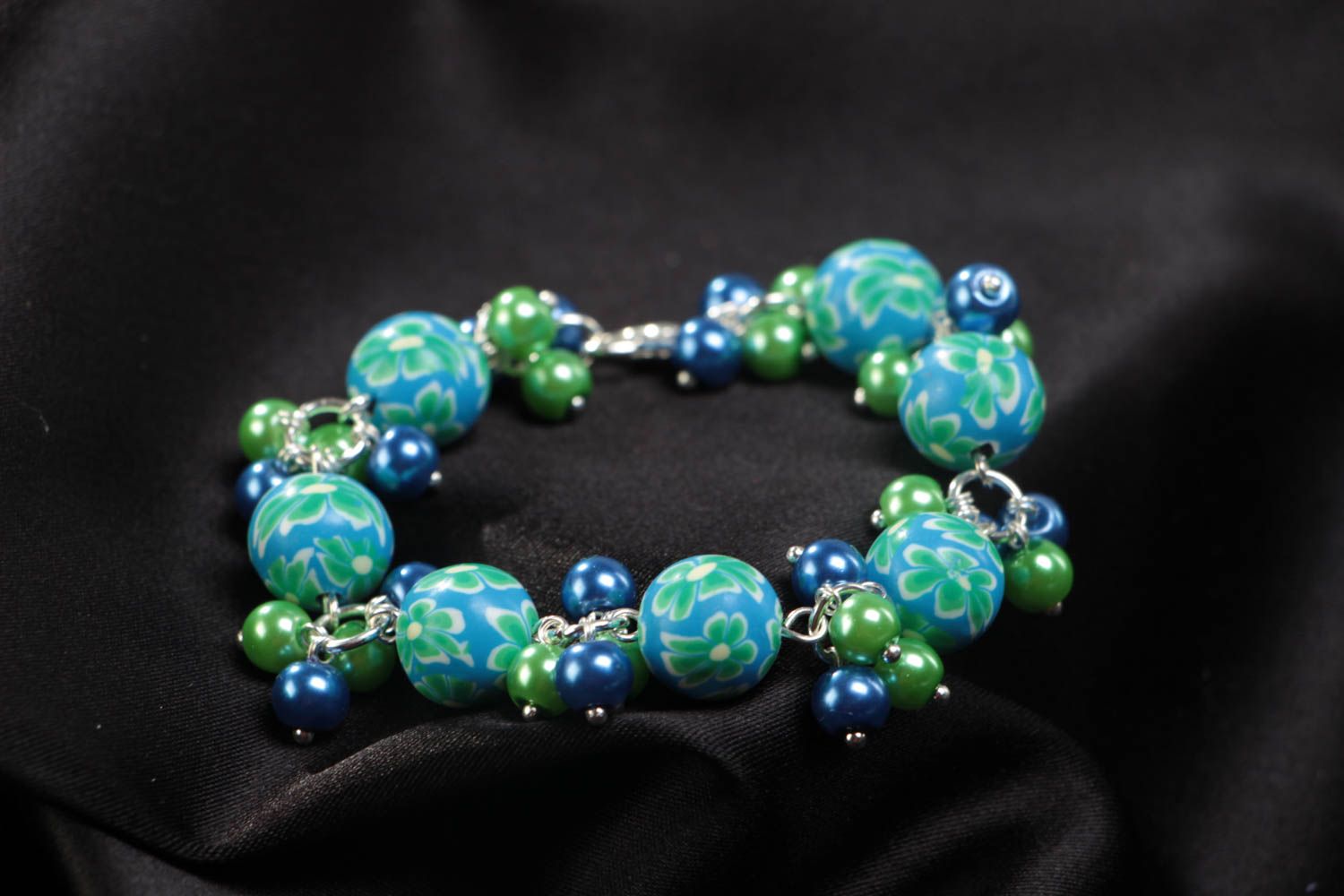 Blue handmade children's polymer clay bracelet with ceramic beads on chain photo 1
