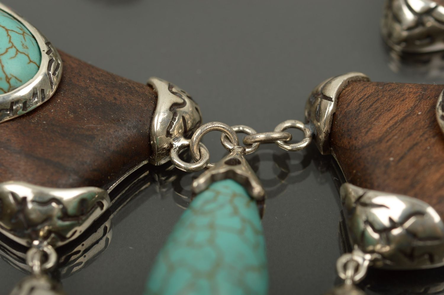 Boucles d'oreilles bois Bijoux faits main Collier tendance avec turquoise photo 2