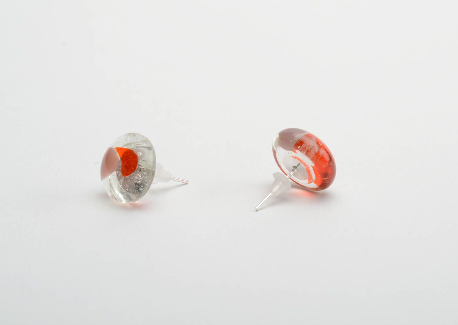 Earrings of round shape made of glass translucent studs small handmade jewelry photo 3