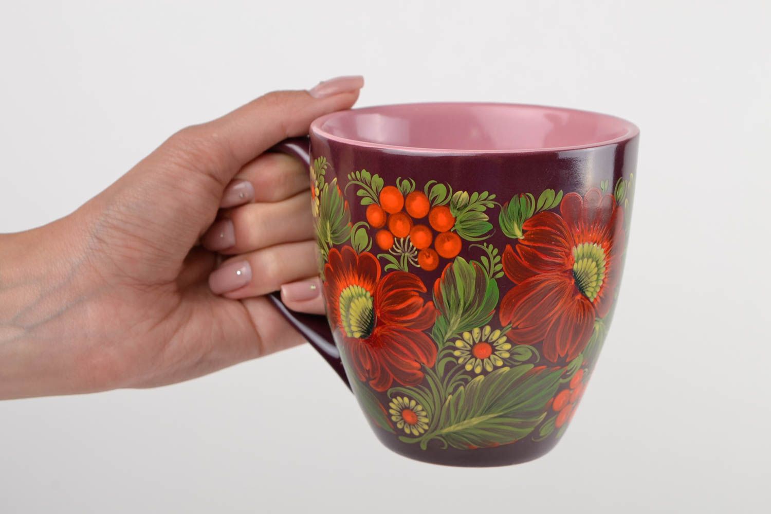 16 oz XXL ceramic teacup with handle and Russian-style floral decor photo 2