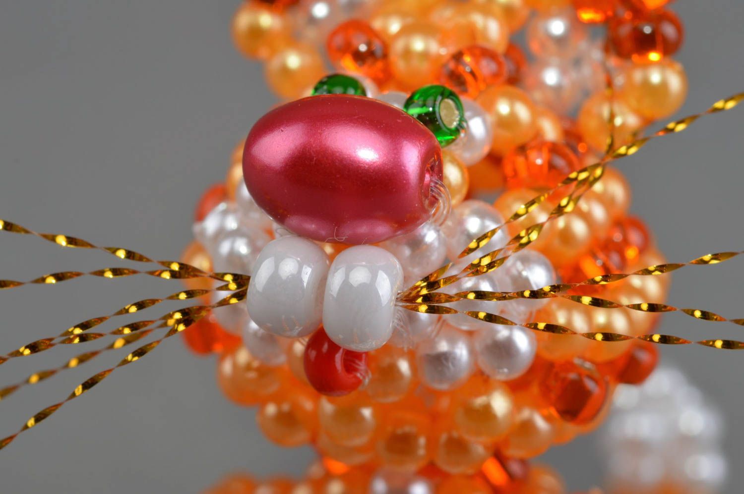 Unusual homemade designer woven bead statuette of orange cat miniature photo 5