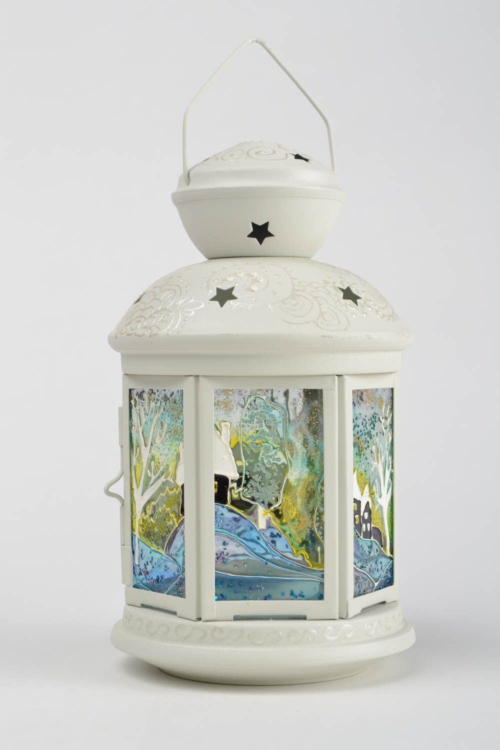 Handmade metal and glass lamp candle holder with stained glass painting photo 1