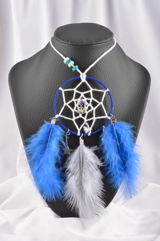Federschmuck Indianer handmade Traumfänger Kette Feder Kettenanhänger blau  foto 1