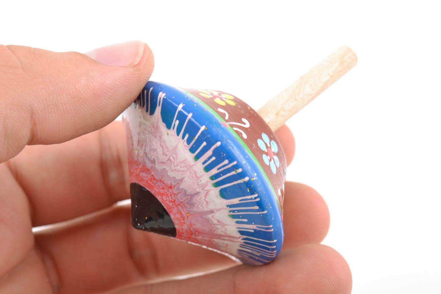 Small handmade children's painted wooden spinning top toy eco photo 2