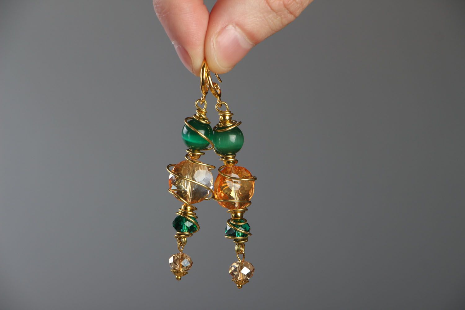 Long earrings with cat's eye stone and crystal glass photo 4