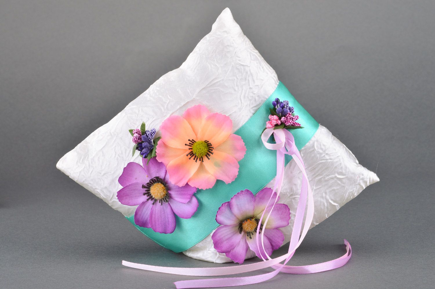 Large beautiful handmade ring pillow sewn of white satin fabric with flowers photo 2