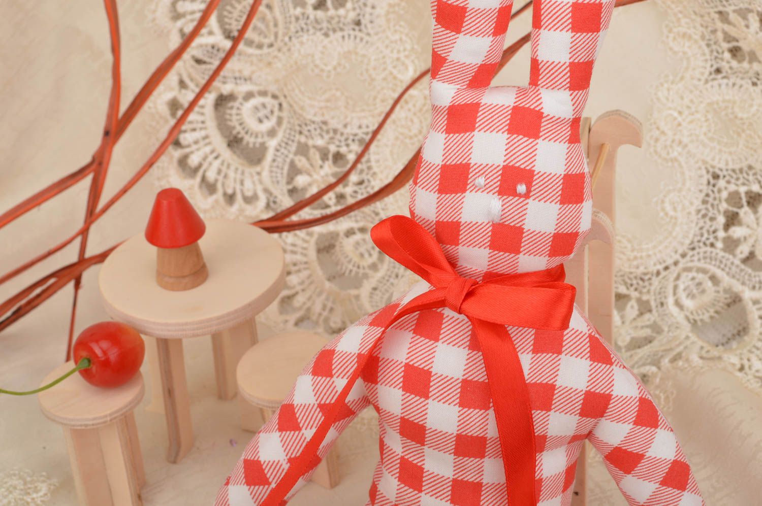 Beautiful handmade designer red checkered cotton fabric soft toy Hare for kids photo 1