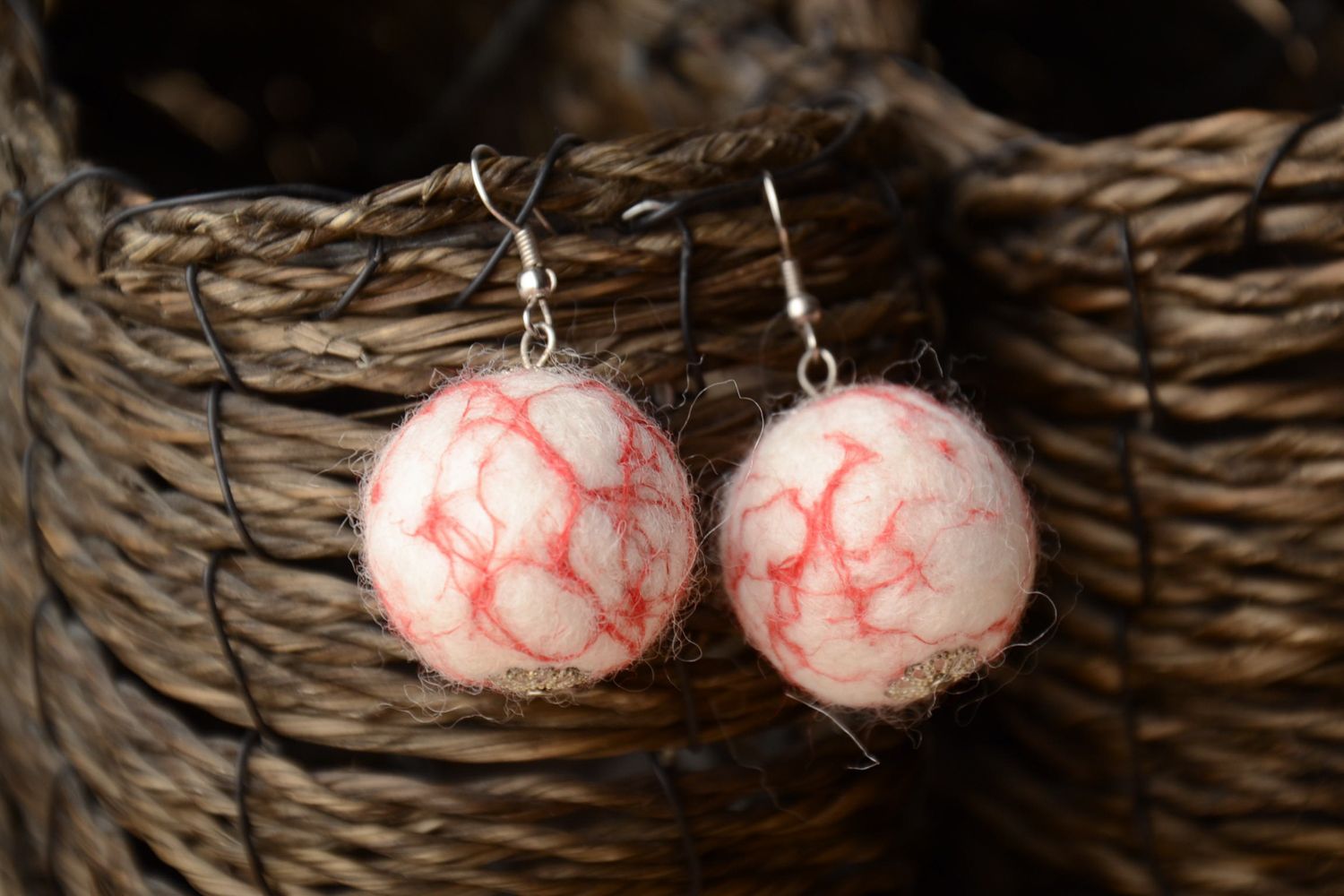 Handmade felted wool ball earrings photo 1