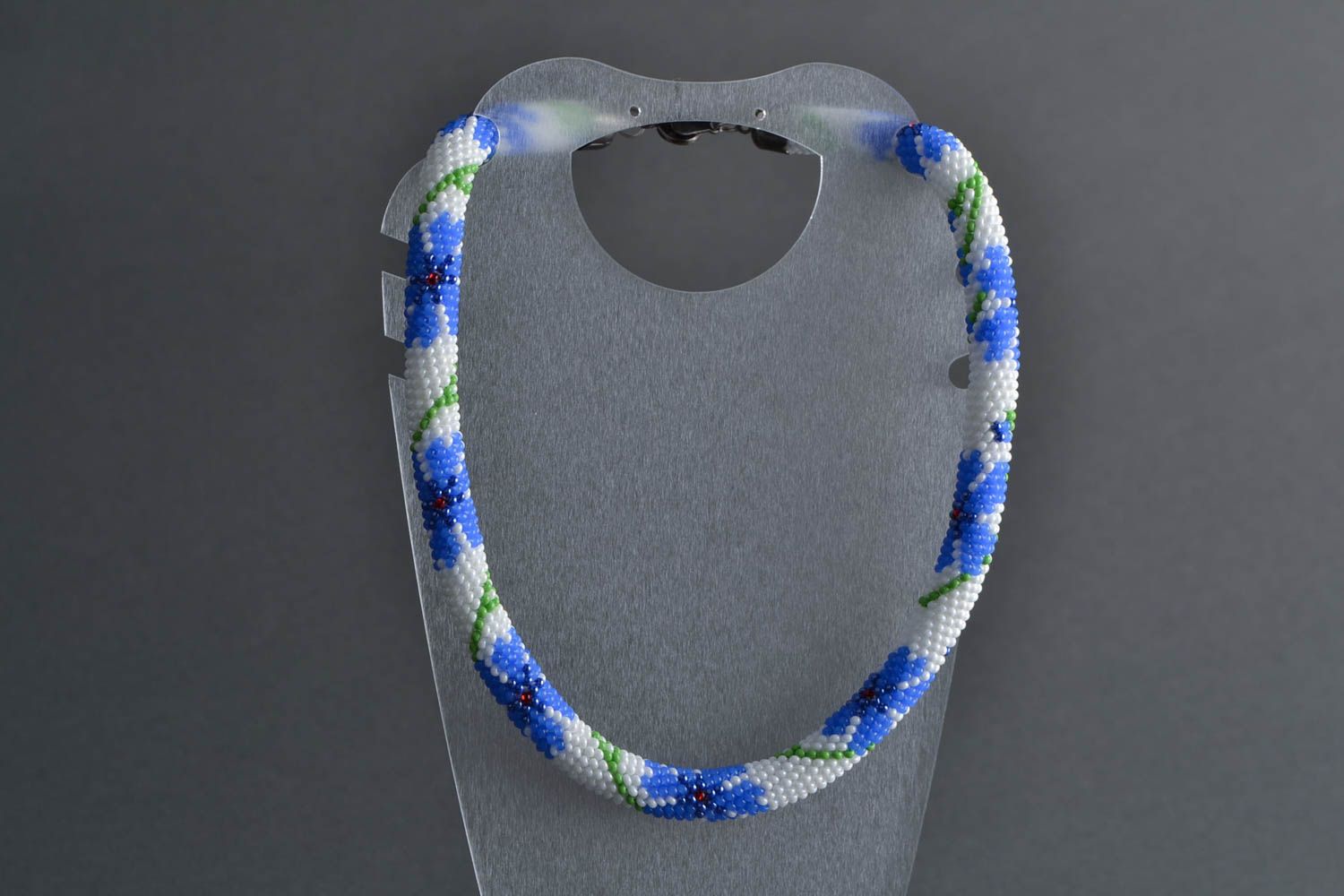 Beautiful handmade designer woven beaded cord necklace white with cornflowers photo 5