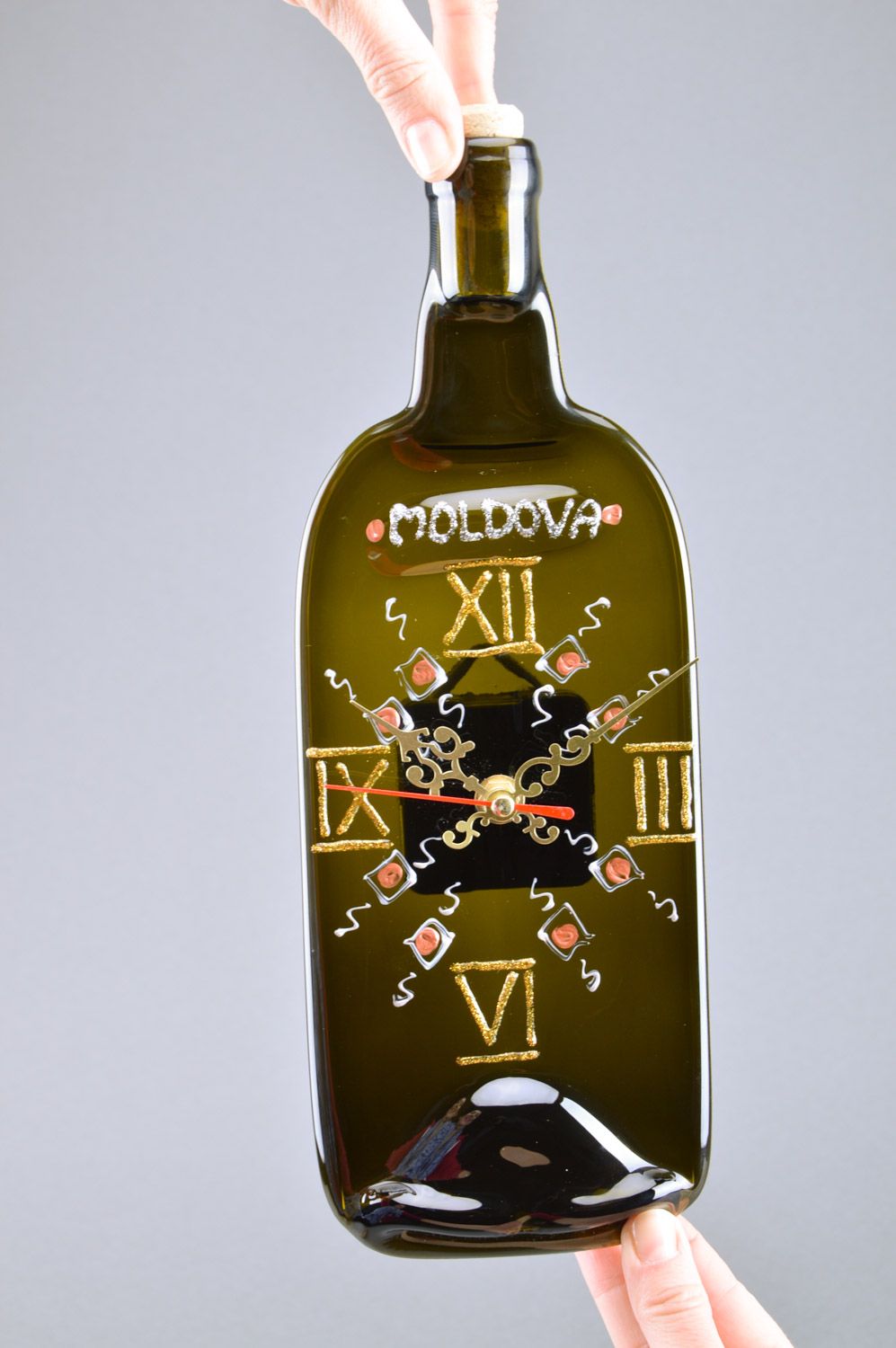 Handmade long dark fused glass wall clock in the shape of wine bottle with cork photo 3