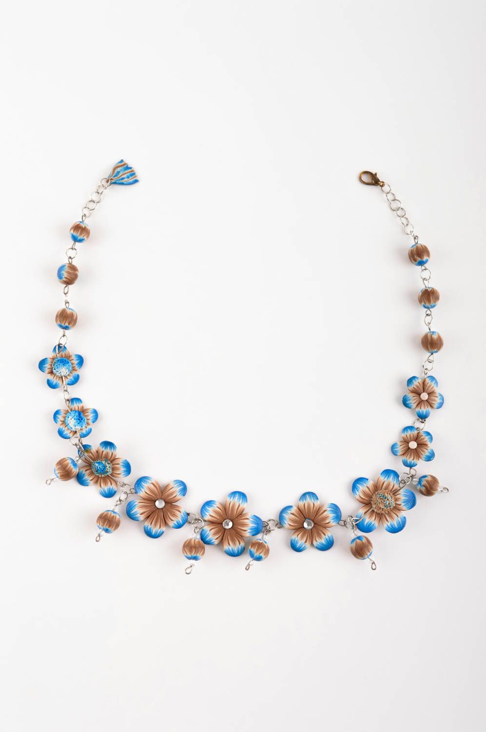 Колье ручной работы украшение на шею коричнево синие цветы элитная бижутерия фото 5