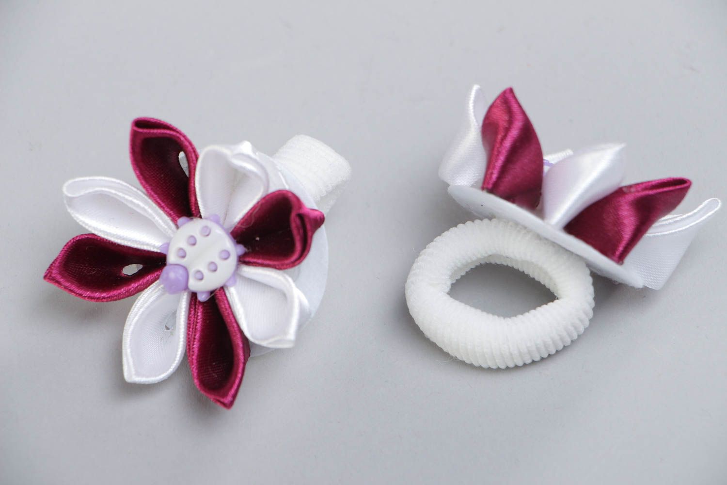 Beautiful white and claret handmade satin ribbon hair ties set with flowers 2 pieces photo 3