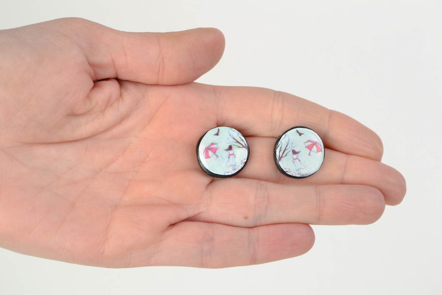 Stud earrings made of polymer clay and epoxy resin handmade decoupage accessory photo 2